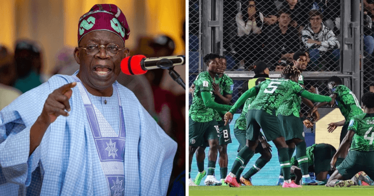 President Bola Tinubu reacts after Flying Eagles’ Ibrahim Muhammad’s goal dedication