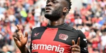 Bayer Leverkusen’s Victor Boniface reacts to missed chances against Bayern Munich