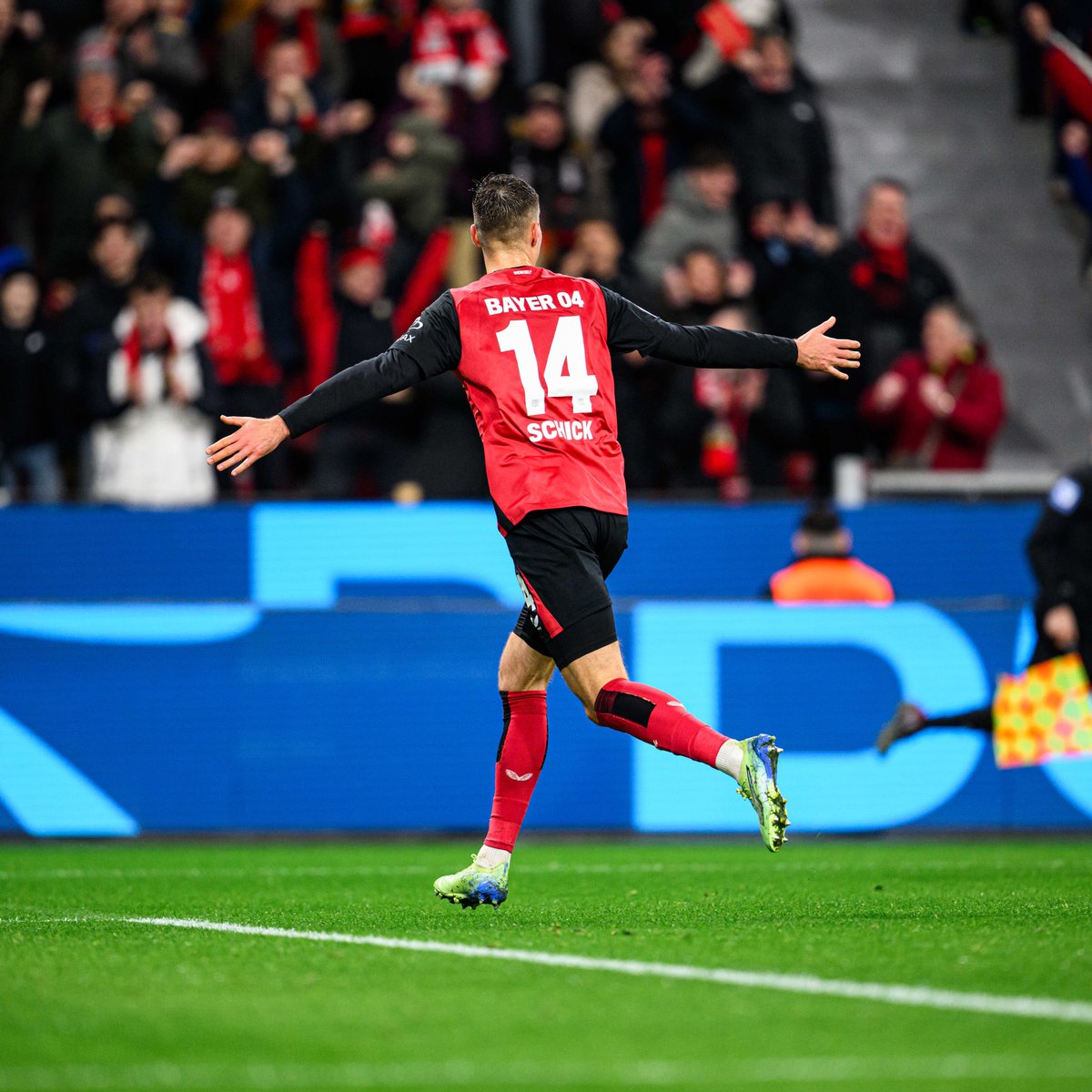 Patrick Schick celebrating his fourth goal for Bayer Leverkusen against Freiburg.Photo credit: Bayer Leverkusen X