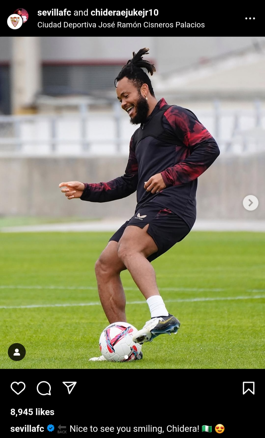 Chidera Ejuke returns to light training at Sevilla.Photo credit: Web