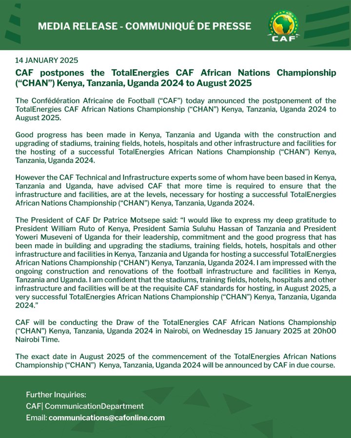 CAF's announcement of the CHAN postponement