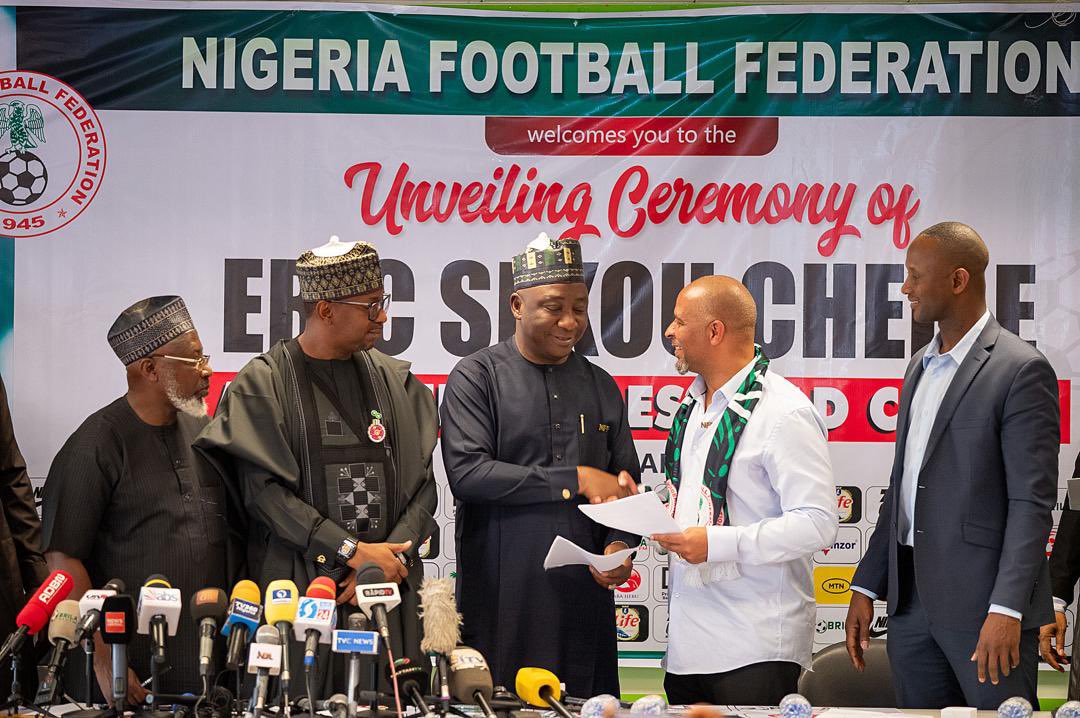 New Super Eagles head coach Eric Chelle at his unveiling in Abuja on Monday. Photo Credit X 