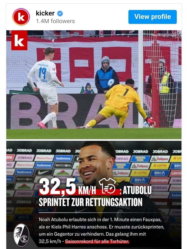 Freiburg goalkeeper Noah Atubolu 