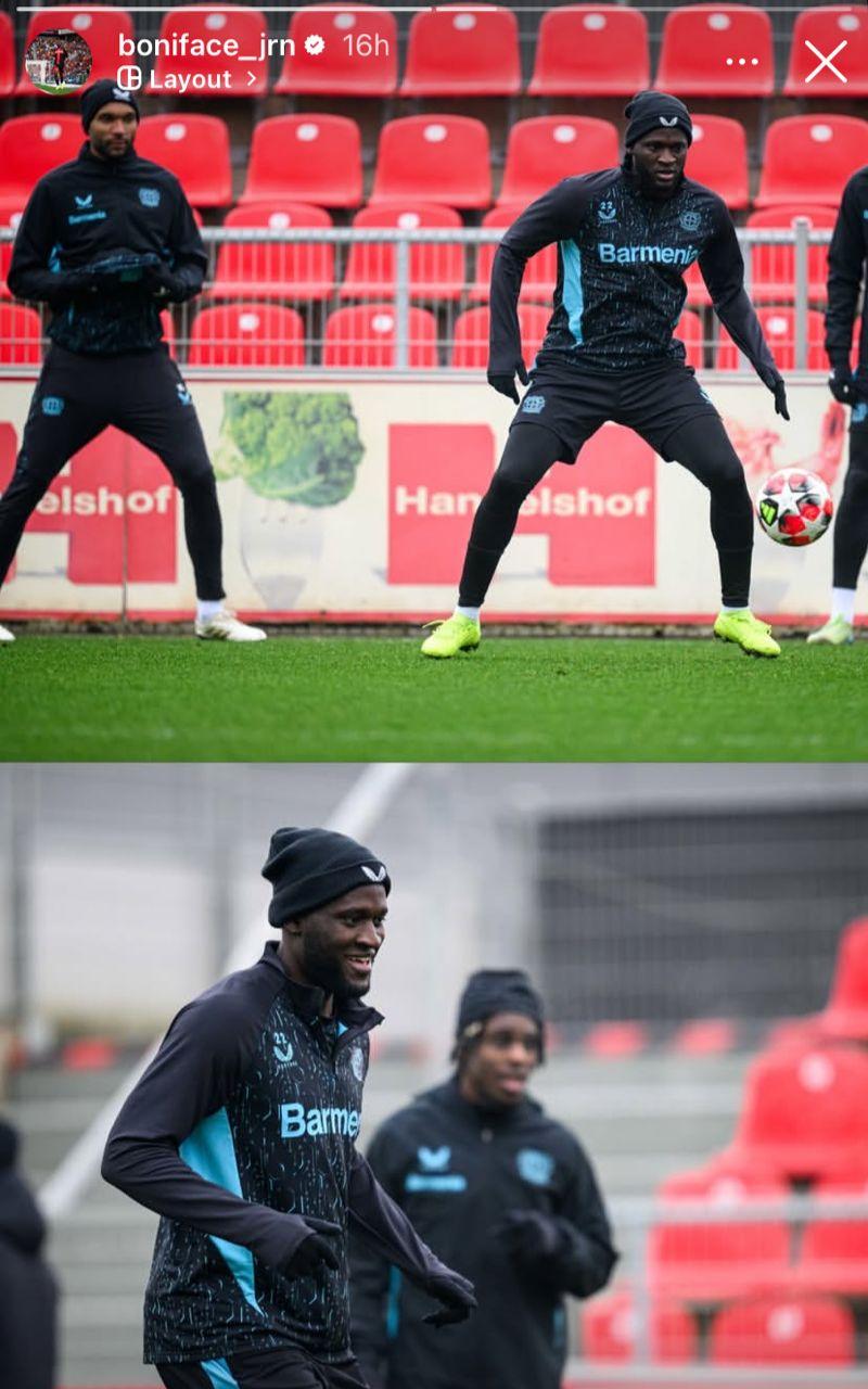 Victor Boniface smiles during training with teammates