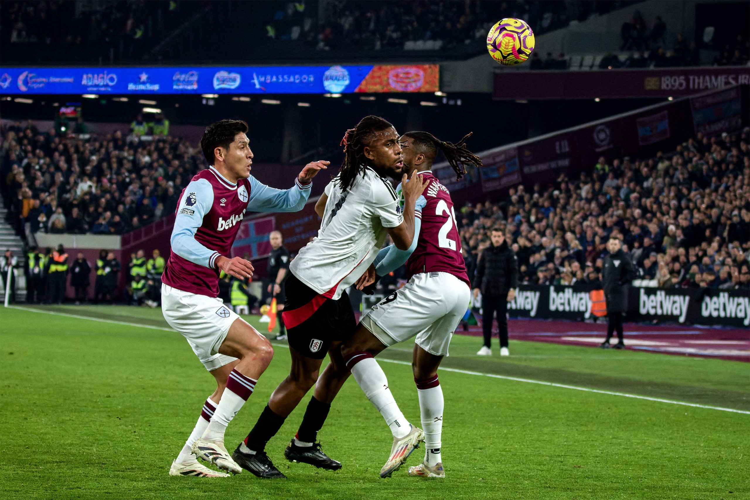 Edson Alvarez and Aaron Wan-Bissaka in action during the Premier League game between West Ham and Fulham