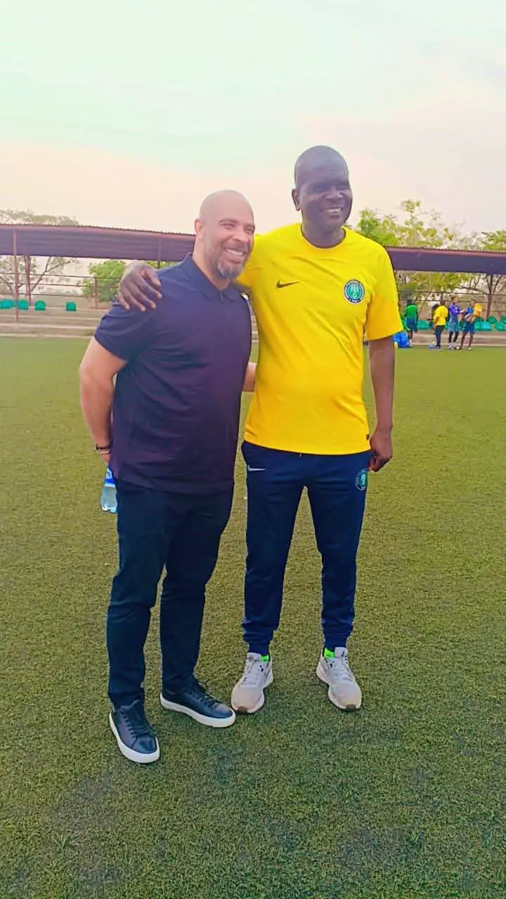 Nigeria Super Eagles coach Eric Chelle and Flying Eagles coach Aliyu Zubairu. Photo Credit X