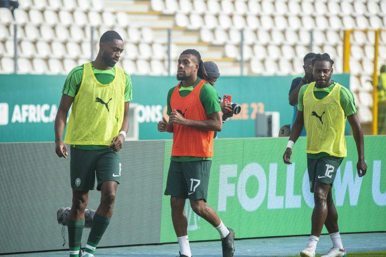 Nigeria players, Semilore Ajayi, Alex Iwobi and Osayi Bright during the pre-match training of the semi-final game between Nigeria vs South Africa at the 2023 AFCON in Cote D Ivoire. Photo by Adeniyi Muyiwa Buoake Buoake Cote D Ivoire 
