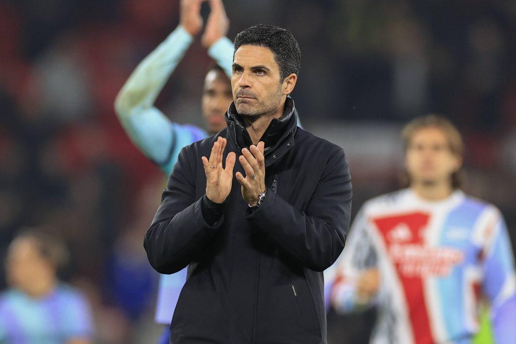 Mikel Arteta the Arsenal manager applauds the fans at the end of the Premier League match between Manchester United and Arsenal at Old Trafford, Manchester, England