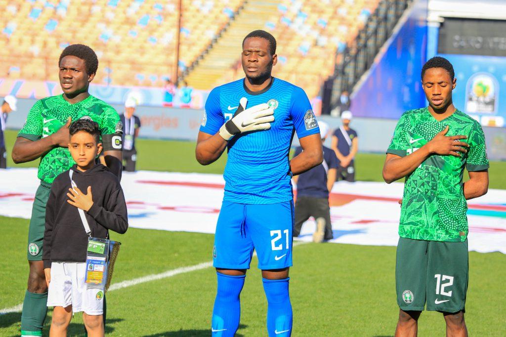 Daniel Bameyi, Chijioke Aniagboso and Benjamin Fredrick of Nigeria during the 2023 U20 Africa Cup of Nations third place match between Tunisia and Nigeria at Cairo International Stadium on March 10, 2023 in Cairo, Egypt