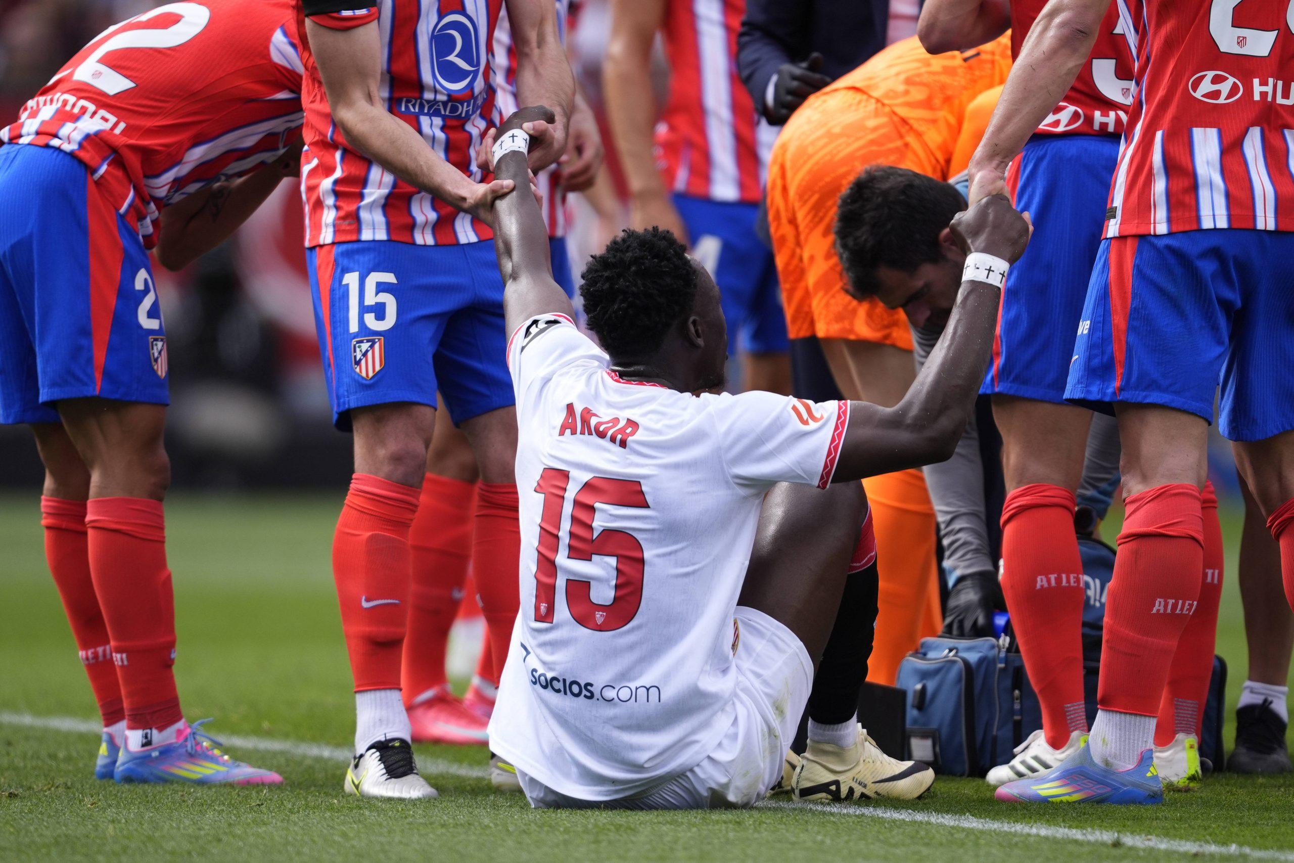 Akor Adams hurts during the Spanish League, LaLiga EA Sports, football match played between Sevilla FC and Atletico de Madrid