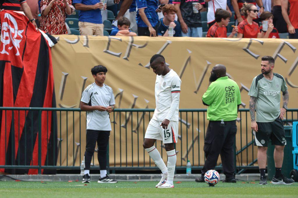 Nicolas Jackson reacts as he leaves the field of play after being shown a red card during the CR Flamengo vs Chelsea FIFA Club World Cup match at Lincoln Financial Field, Philadelphia