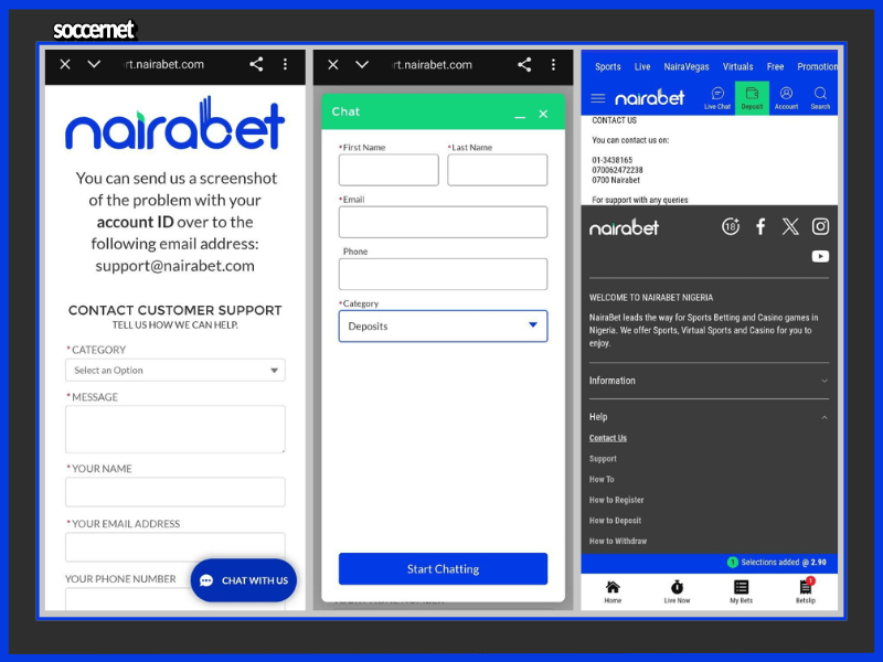 Customer service contact information on the Nairabet app