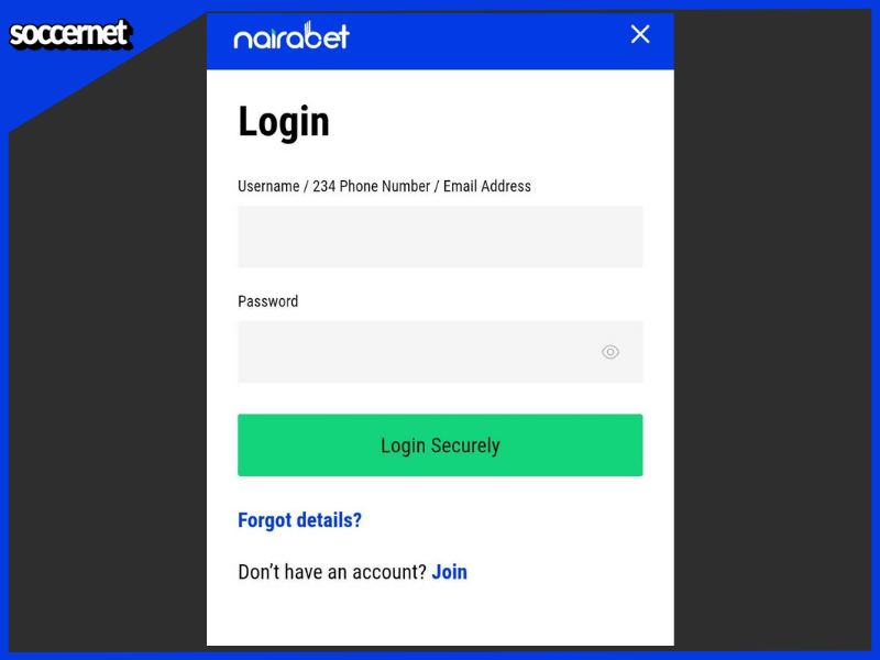 Nairabet login page on the mobile app