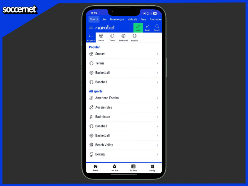 Sports betting options on the Nairabet app, including football