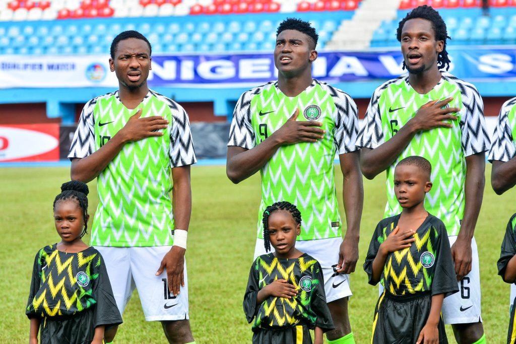 Nwakali Kelechi,Awoniyi Taiwo and Olisa Ndah of Nigeria during the U23 Africa Cup of Nations qualification match between Nigeria and Sudan at Stephen Keshi on September 10, 2019 in Asaba, Nigeria
