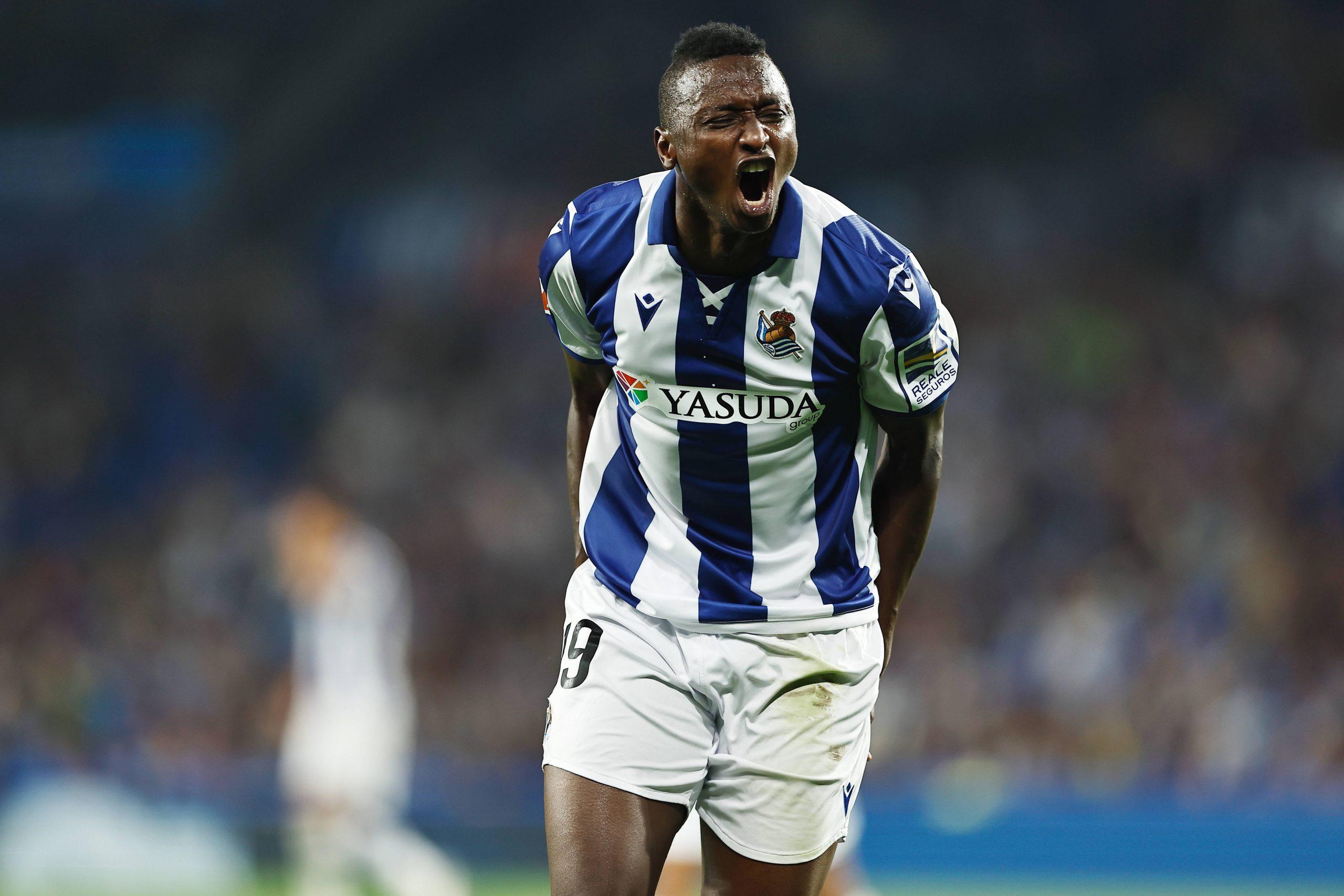 Sadiq Umar regret after miss shot during Spanish LaLiga EA Sports match between Real Sociedad 1-2 Deportivo Alaves at the Reale Arena in San Sebastian