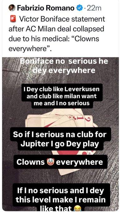 Fabrizio Romano shares Victor Boniface's post with a misleading caption