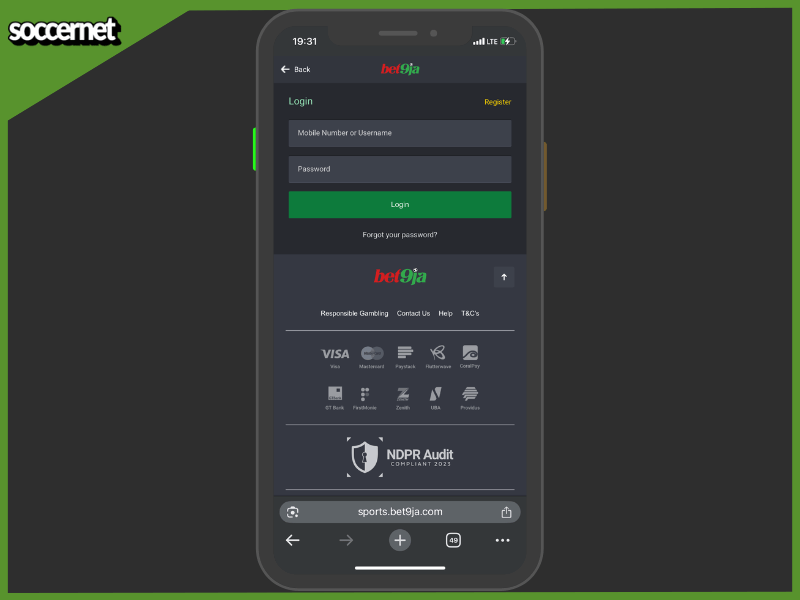 Bet9ja app login screen with username and password fields.