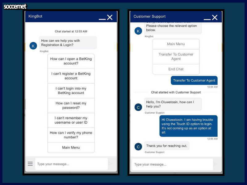 In-app conversation with a BetKing customer support agent using the chat function