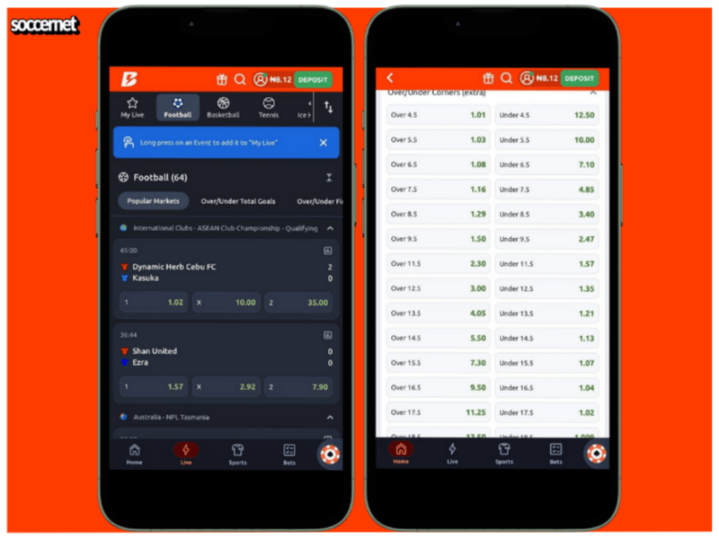Betano app live football betting screen showing match odds and overs/unders market.