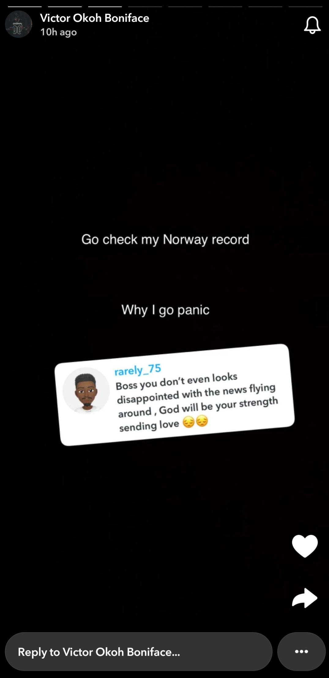 Victor Boniface responds to fan on Snapchat