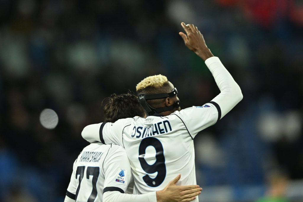 Victor Osimhen and Khvicha Kvaratskhelia celebrates after scoring his team's fourth goal during the Italian Serie A match between Sassuolo 1-6 Napoli at Mapei Stadium on