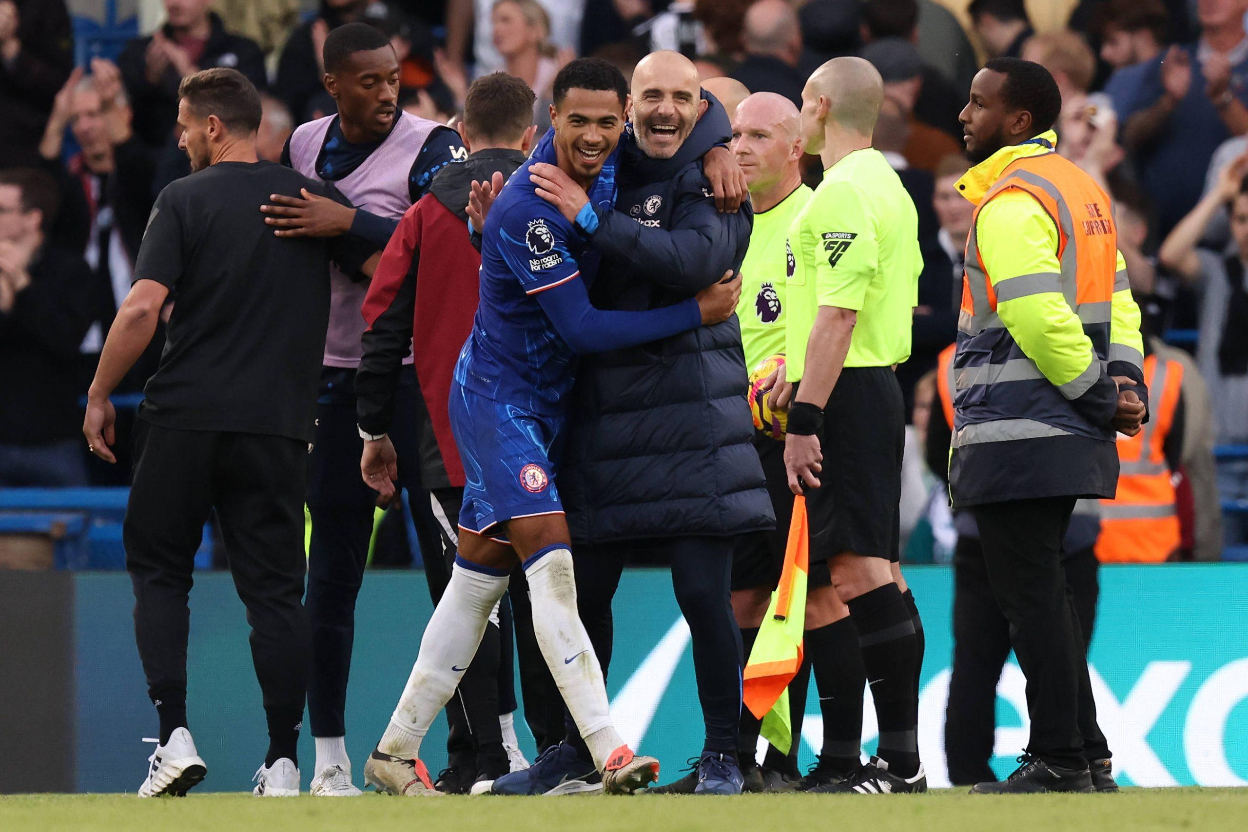 Chelsea Manager Enzo Maresca and Levi Colwill celebrate at full-time.