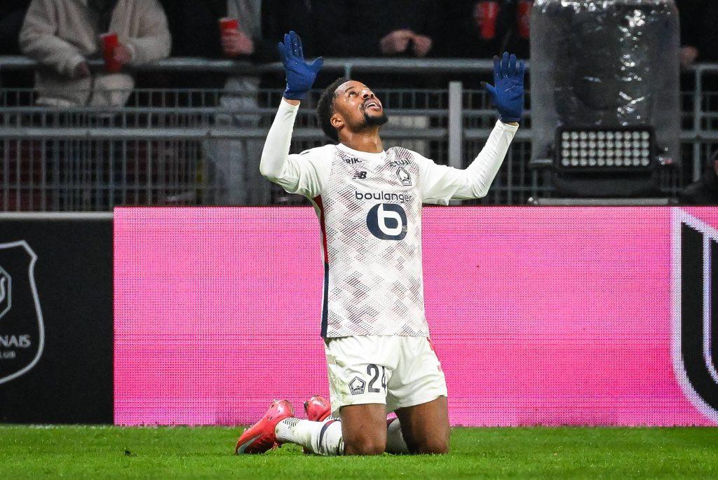 Chuba AKPOM of Lille celebrates his goal during the Ligue 1 match between Stade Rennais Rennes and Lille OSC LOSC at Roazhon Park