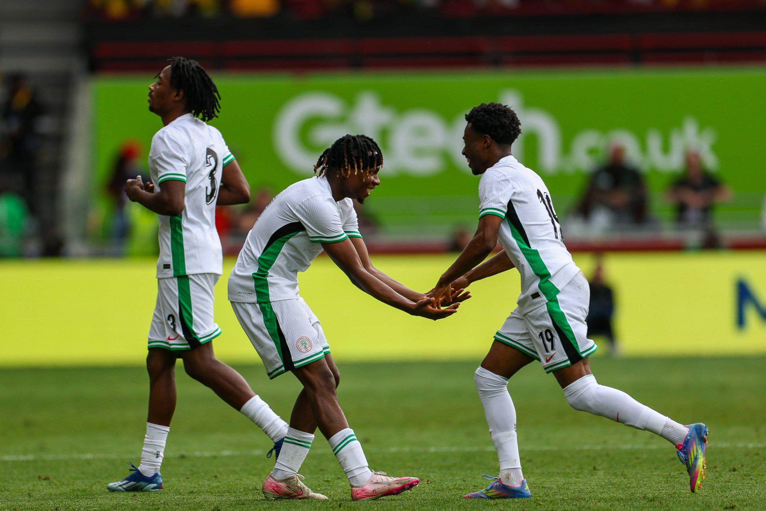 Samuel Chukwueze 11 celebrates with Nathan Tella 19 during the Unity Cup Final, London 2025 match between Jamaica and Nigeria at Gtech Community Stadium, Brentford, England on 31 May 2025. Brentford Gtech Community Stadium
