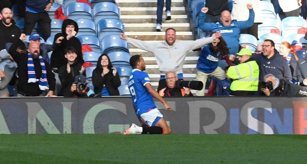 Cyriel Dessers celebrates what he thought was the winning goal but it was ruled offside after a VAR check Glasgow Ibrox Stadium Strathclyde