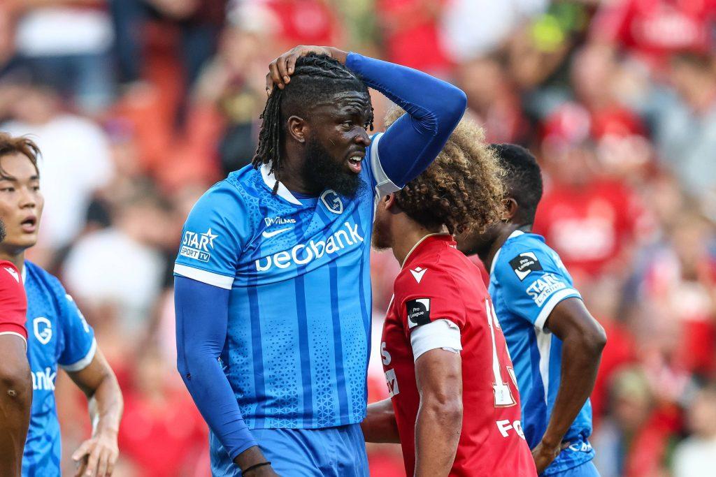 Tolu Toluwalase Arokodare reacts during a soccer match between Standard de Liege and KRC Genk