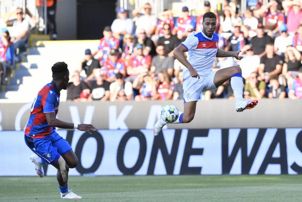 Sampson Dweh and Cyriel Dessers in action during the 3rd qualifying round match FC Viktoria Plzen vs Glasgow Rangers