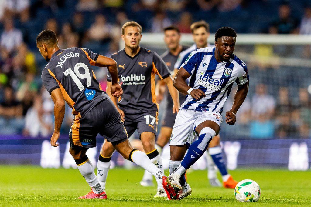 Josh Maja battles for possession during the EFL Cup match between West Bromwich Albion and Derby County at The Hawthorns, West Bromwich