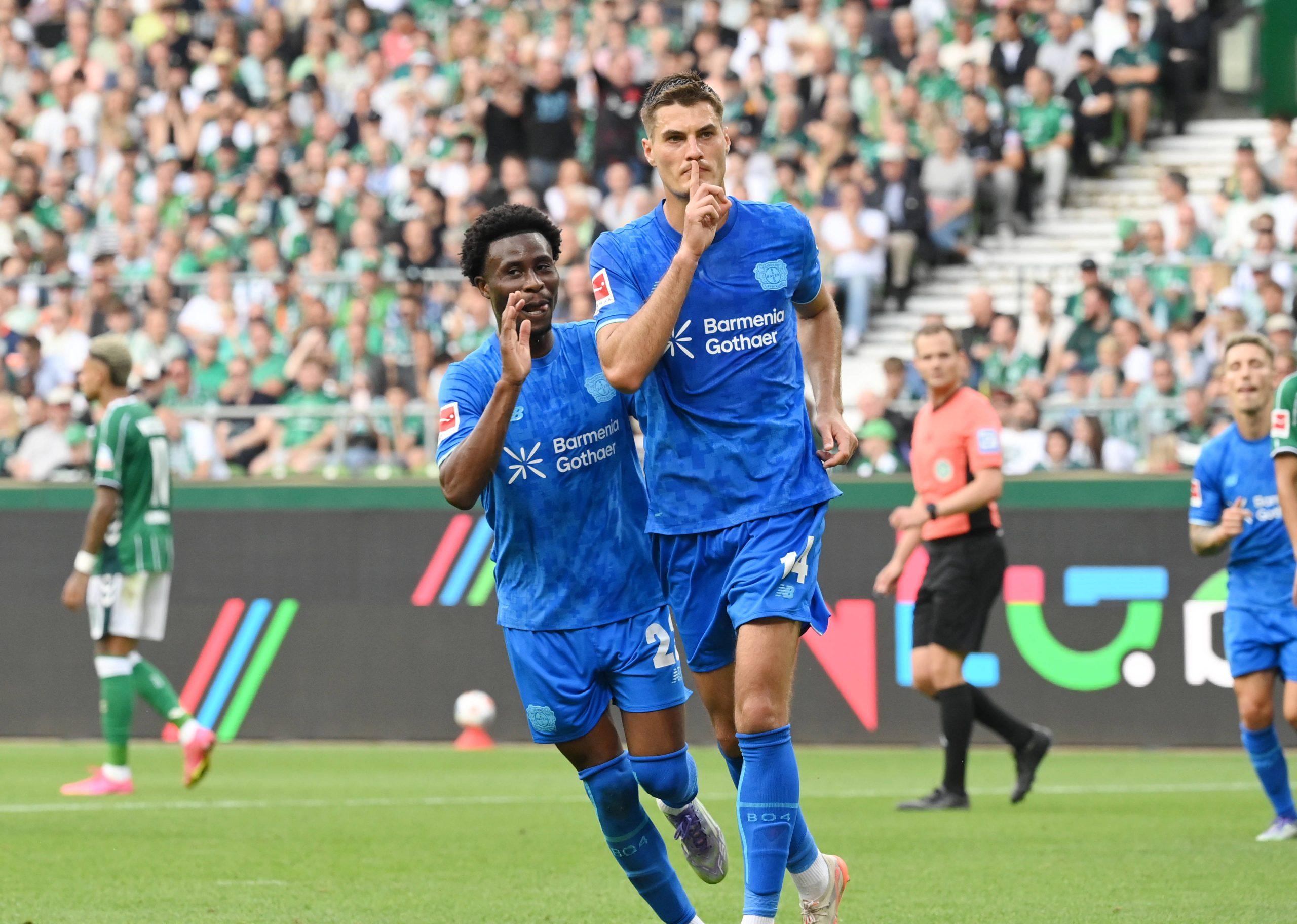 Nathan Tella and Patrik Schick celebrate a goal for Bayer Leverkusen vs Werder Bremen