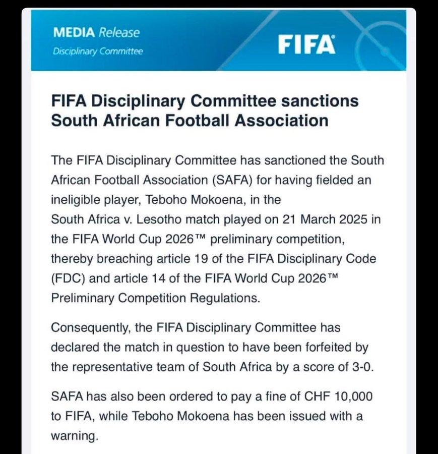 FIFA confirms South Africa punishment in 2026 World Cup Qualifiers