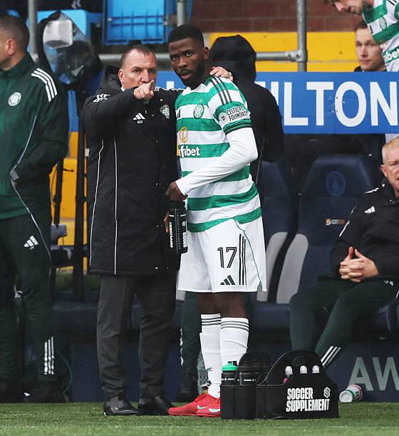 Celtic forward Kelechi Iheanacho and manager Brendan Rodgers 