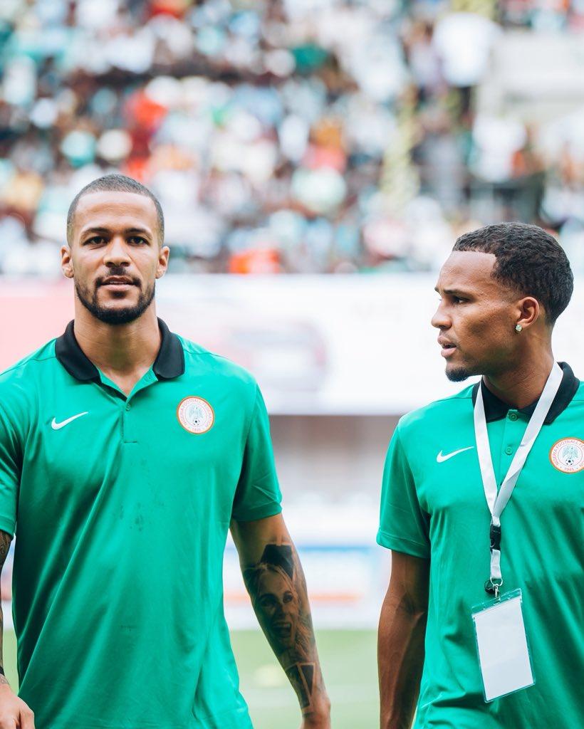 William Troost-Ekong and Felix Agu prepare in warm-up ahead of Nigeria's 2026 FIFA World Cup qualifiers clash against Rwanda at the Godswill Akpabio International Stadium in Uyo