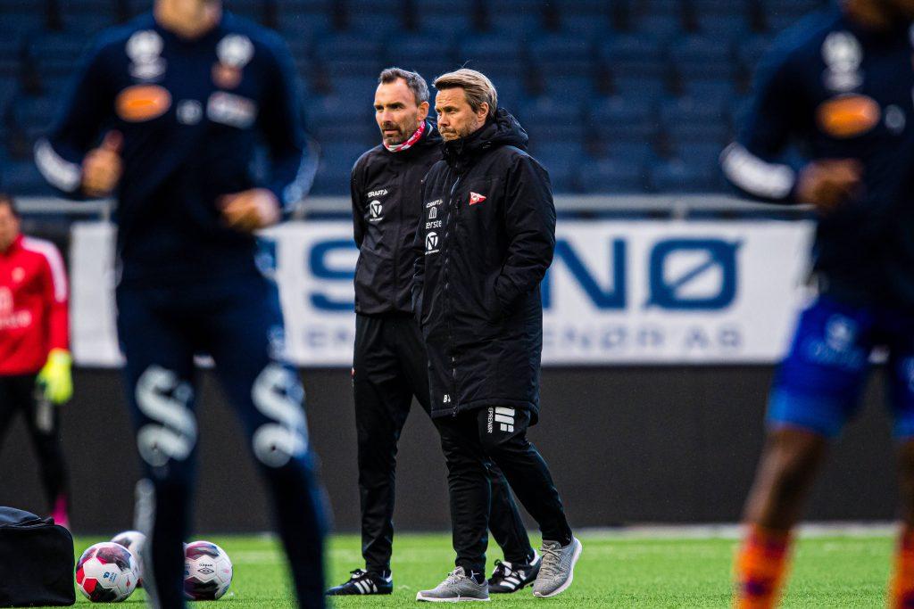 Joakim Klaeboe, assistant coach of Fredrikstad, and Bjorn Johansen, head coach of Fredrikstad, ahead of the OBOS-ligaen match between Aalesund and Fredrikstad on June 12, 2021 in Alesund