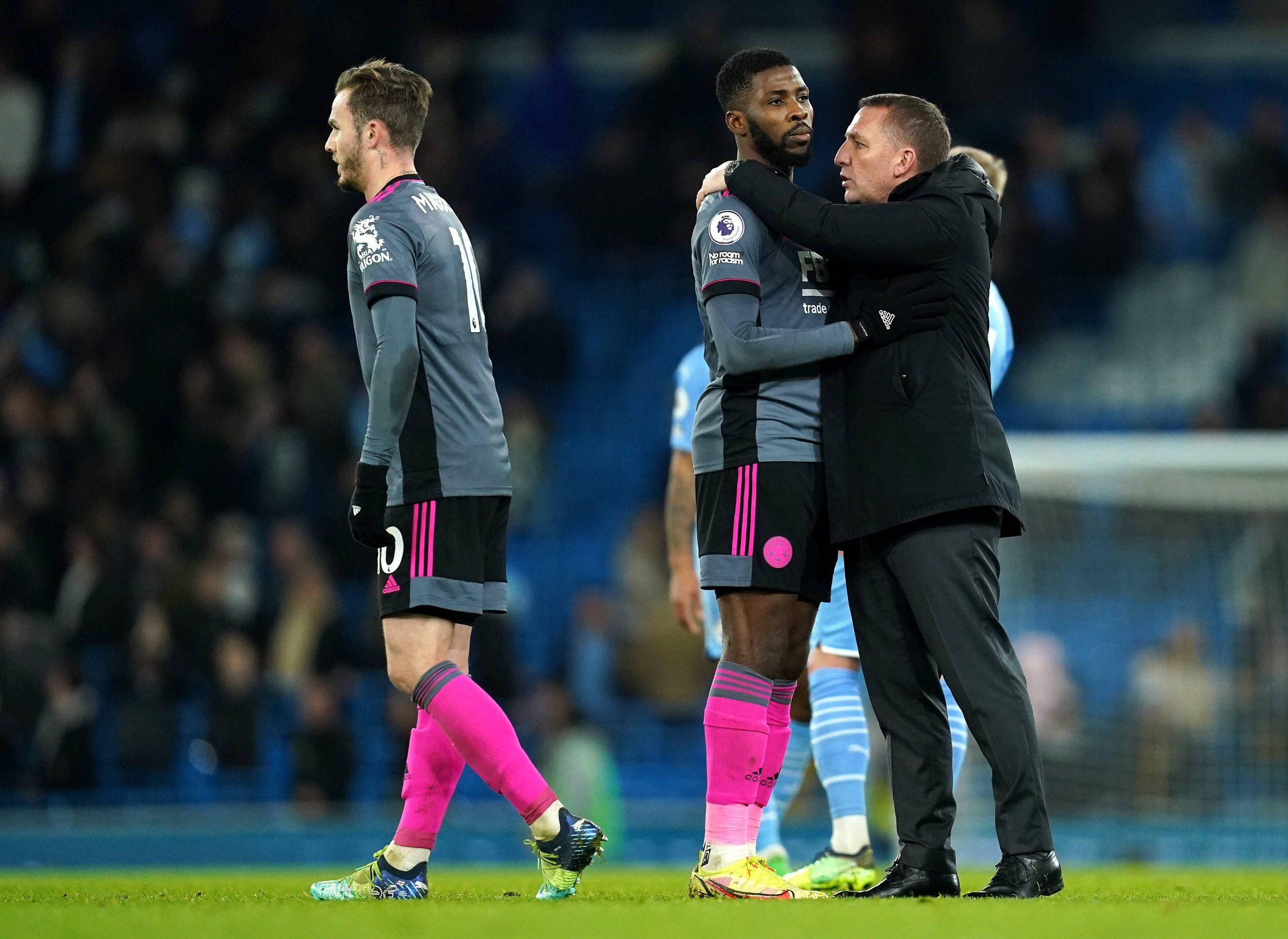 Leicester City manager Brendan Rodgers right and Kelechi Iheanacho after the final whistle during the Premier League match at The Etihad Stadium, Manchester. Picture date: Sunday December 26, 2021