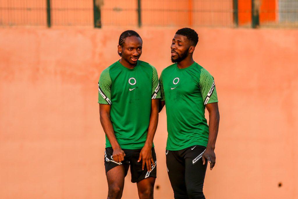 Kelechi Nwakali and Kelechi Iheanacho of Nigeria during the Nigerian national men s soccer team training session at Stade Roumde Adjia on January 08, 2022 in Garoua, Cameroon