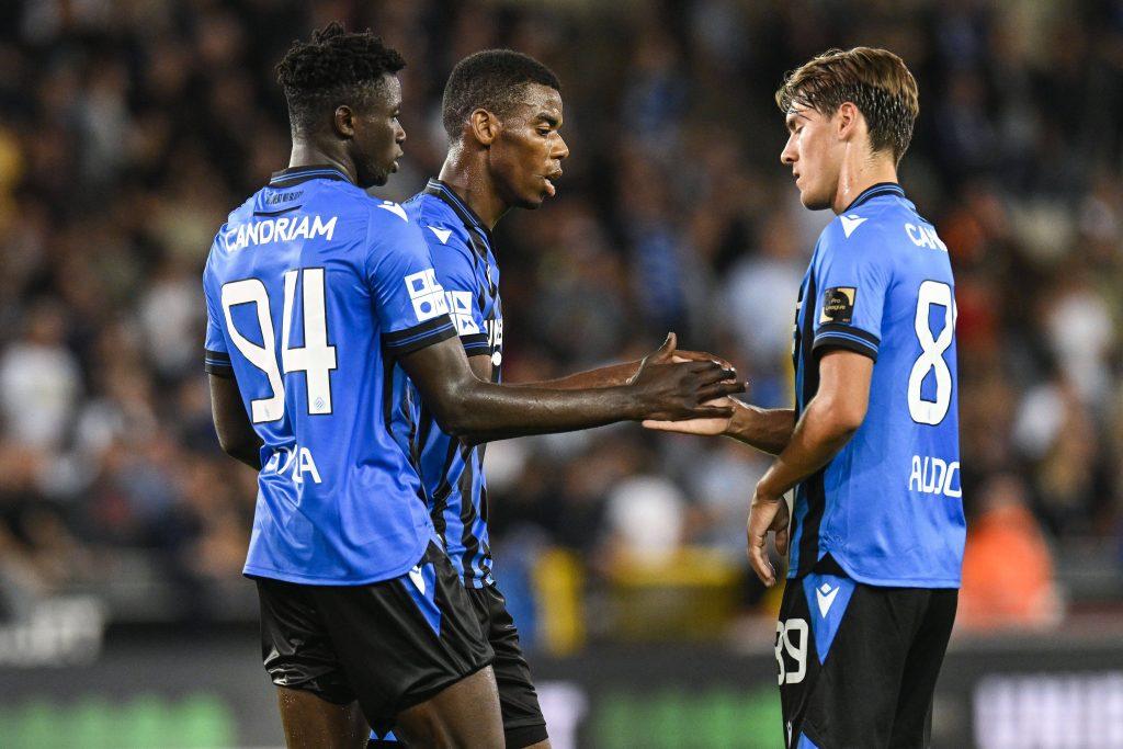 Sylla Abakar,, Raphael Onyedika and Audoor Lynnt celebrate the victory after the Jupiler Pro League match between Club Brugge KV and Cercle Brugge on September 2, 2022 in Brugge, Belgium