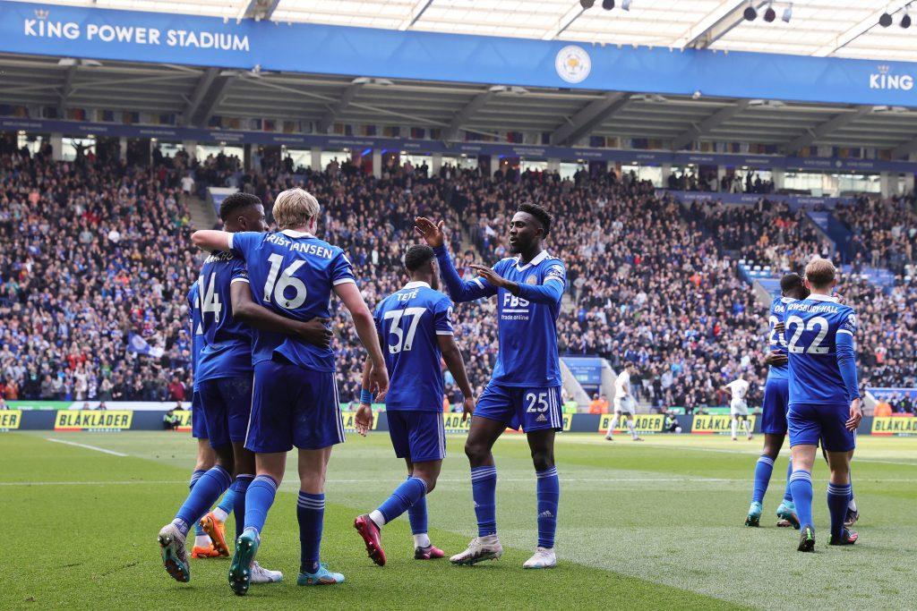 Wilfred Ndidi, Victor Kristiansen and Kelechi Iheanacho celebrate after Timothy Castagne scored in the Premier League match between Leicester City and Wolverhampton Wanderers