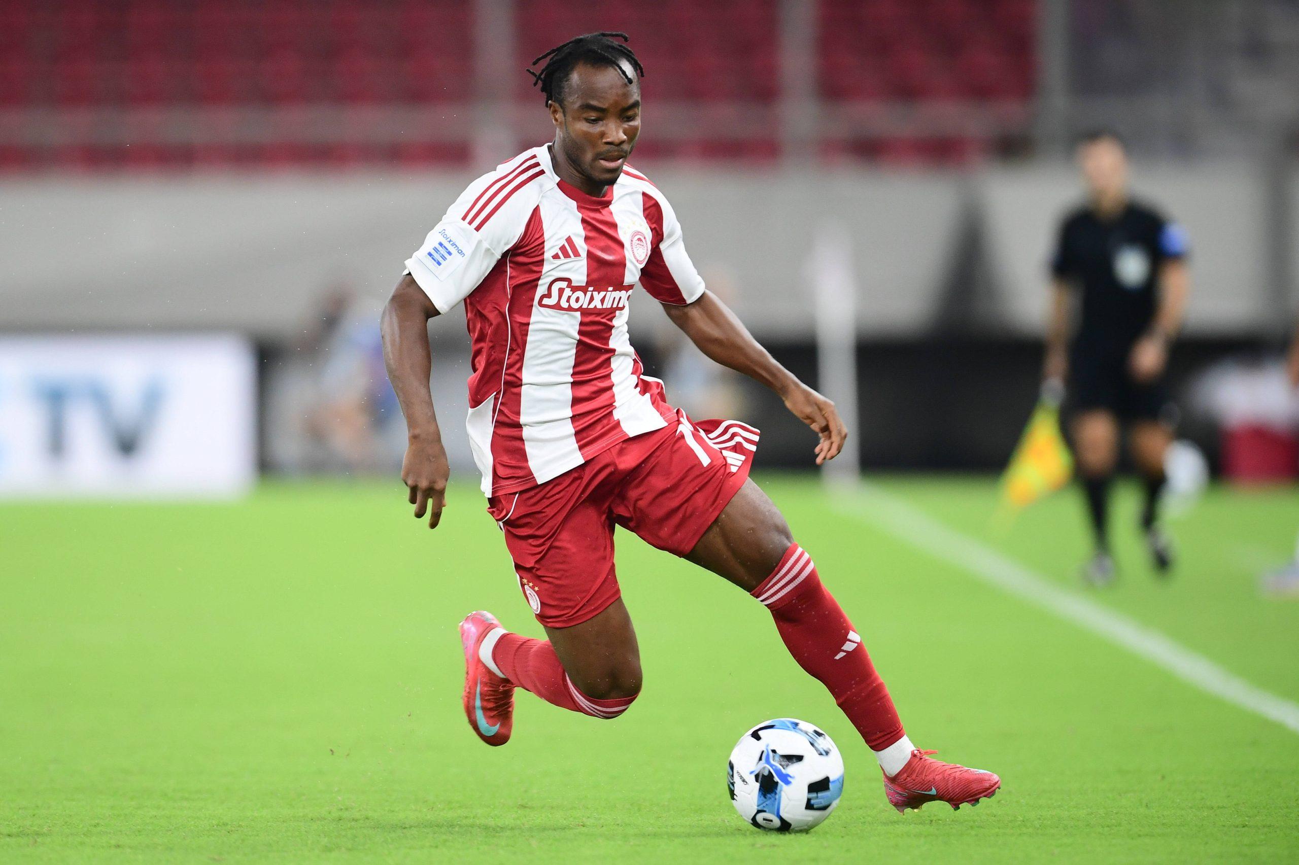 BRUNO ONYEMAECHI of Olympiacos FC in action during the SuperLeague Regular Season soccer match between Olympiacos FC and Asteras Tripolis 