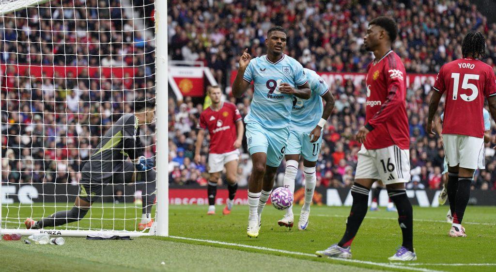 Lyle Foster celebrates after scoring during the Manchester United and Burnley Premier League match at Old Trafford, Manchester