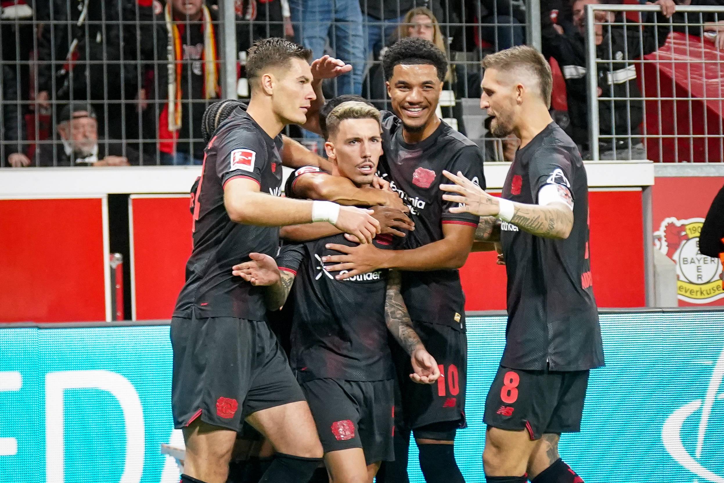 Alex Grimaldo celebrates Bayer Leverkusen goal