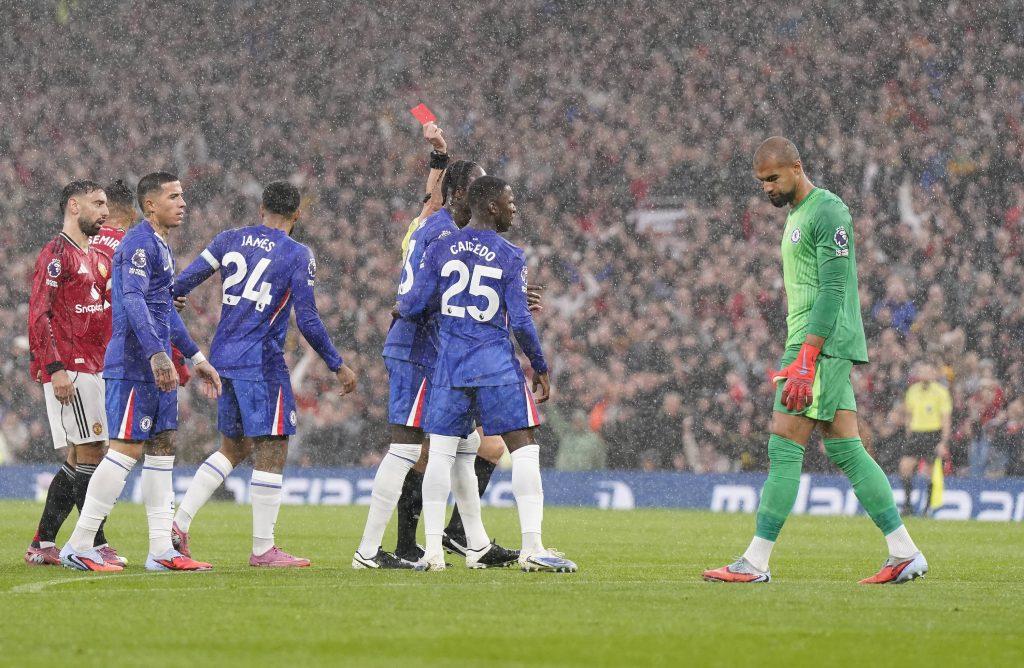 Robert Sanchez is shown a red card during the Manchester United vs Chelsea Premier League match at Old Trafford, Manchester