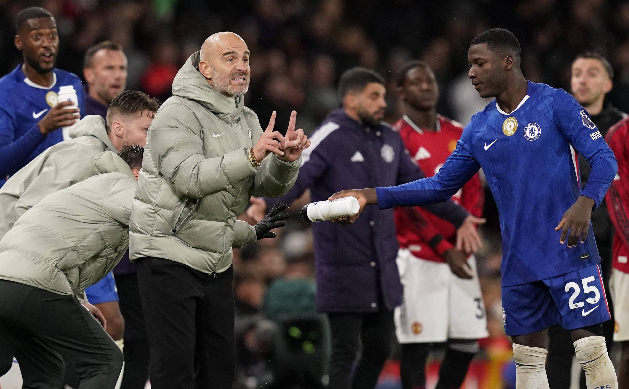 Enzo Maresca manager of Chelsea during the Manchester United, ManU vs Chelsea Premier League match at Old Trafford, Manchester.