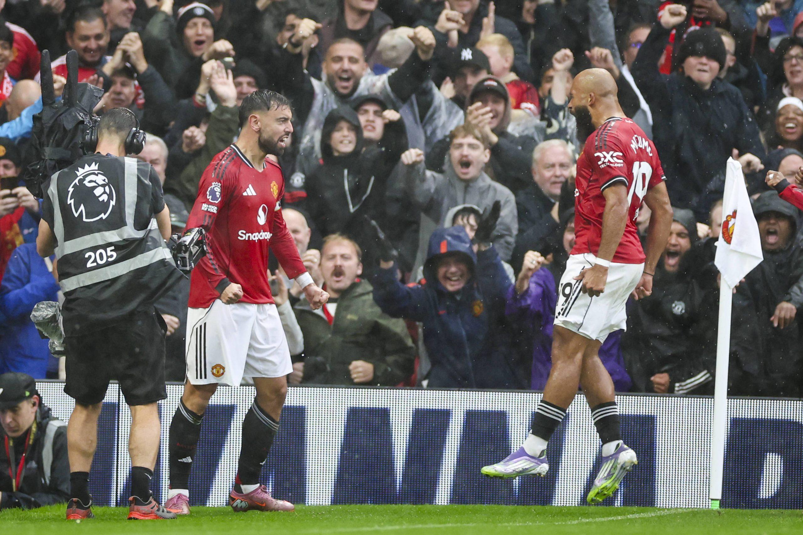 Bruno Fernandes scores a GOAL 1-0 and celebrates Manchester United forward Bryan Mbeumo during the Manchester United FC v Chelsea FC