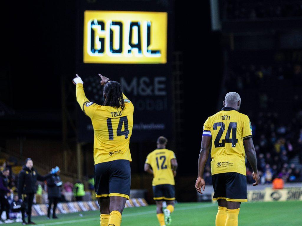Tolu Arokodare celebrates scoring the second goal during the Carabao Cup football match between Wolverhampton Wanderers and Everton at Molineux stadium in Wolverhampton, England