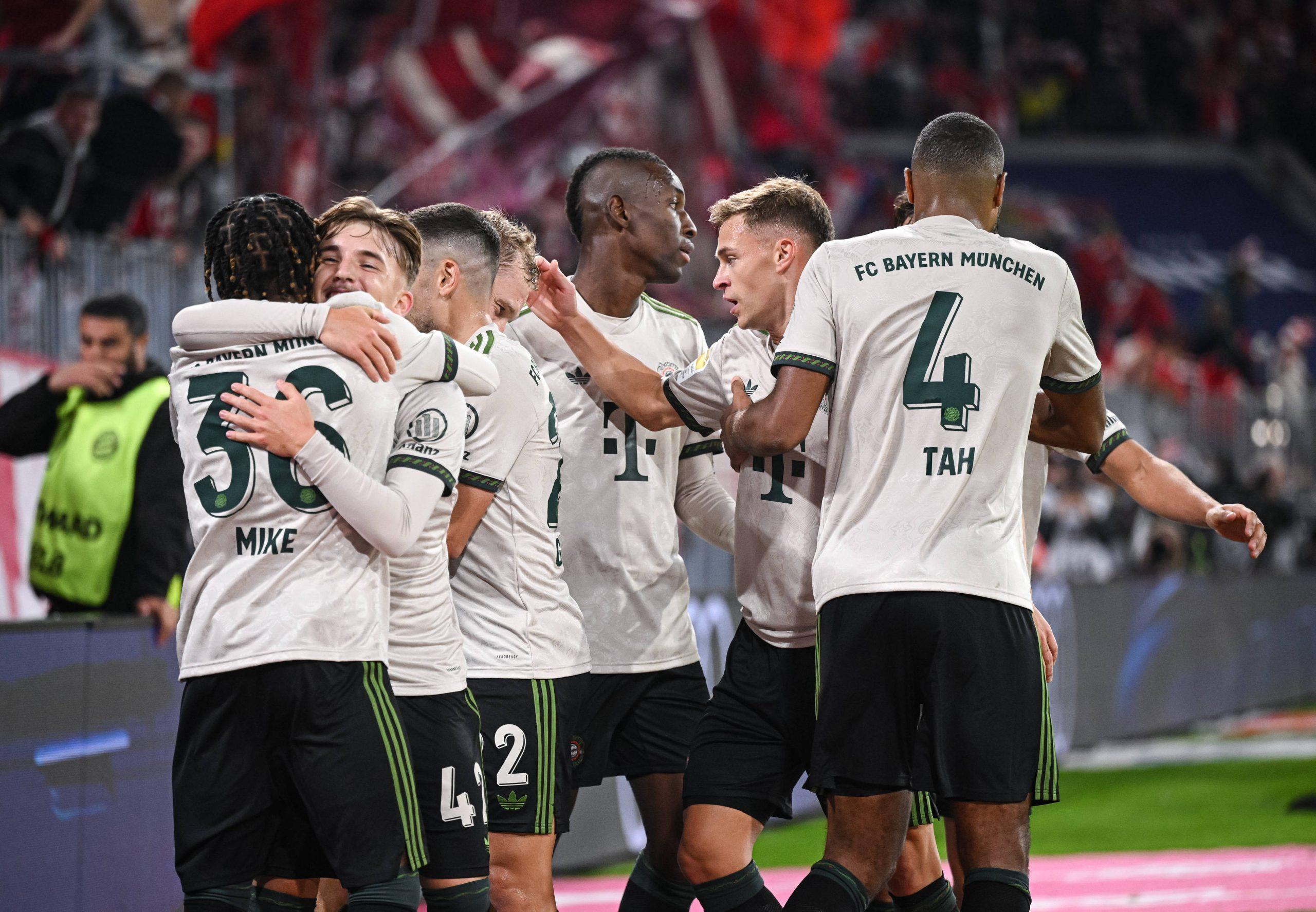 Wisdom Mike, Konrad Laimer, Jonathan Tah, Tom Bischof, Nicolas Jackson, Joshua Kimmich celebrate Bayern Munich goal